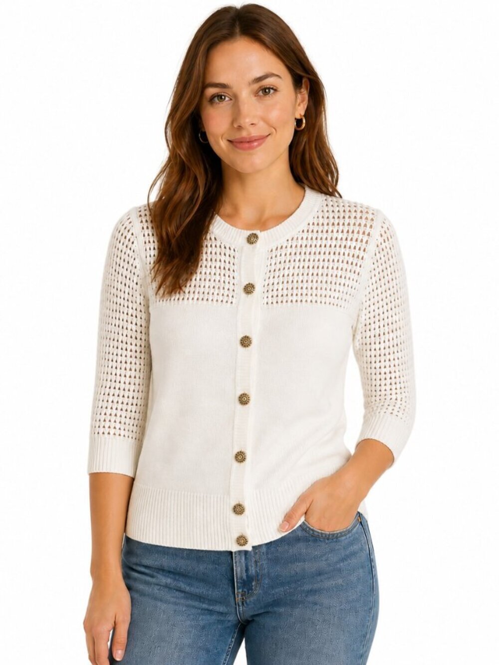 St. John White Crochet Knit Cardigan Sweater